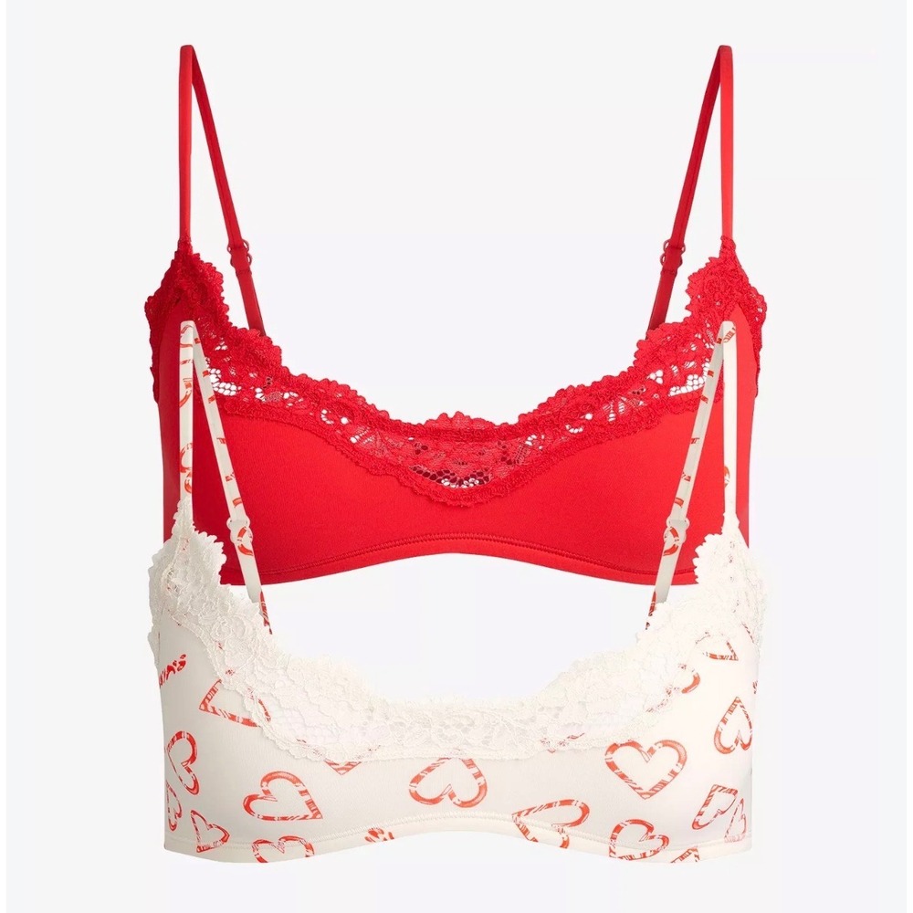 SKIMS Valentines Day Bralette Set 2 Pack Red and Candy Cane Heart Print Small